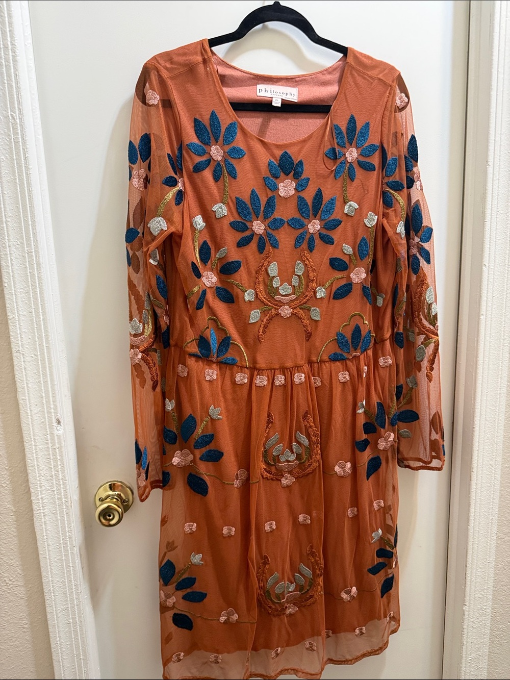 Philosophy Rust Mesh Long-Sleeve Dress with Blue and Pink Floral Embroidery